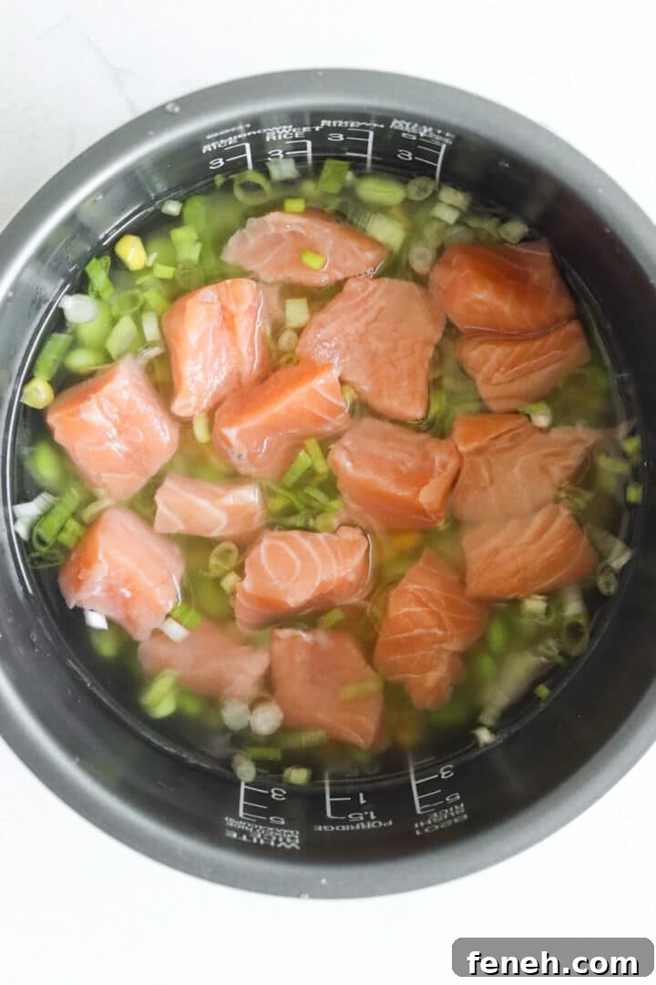 Raw salmon placed on top of mixed rice and vegetables in a rice cooker, uncooked