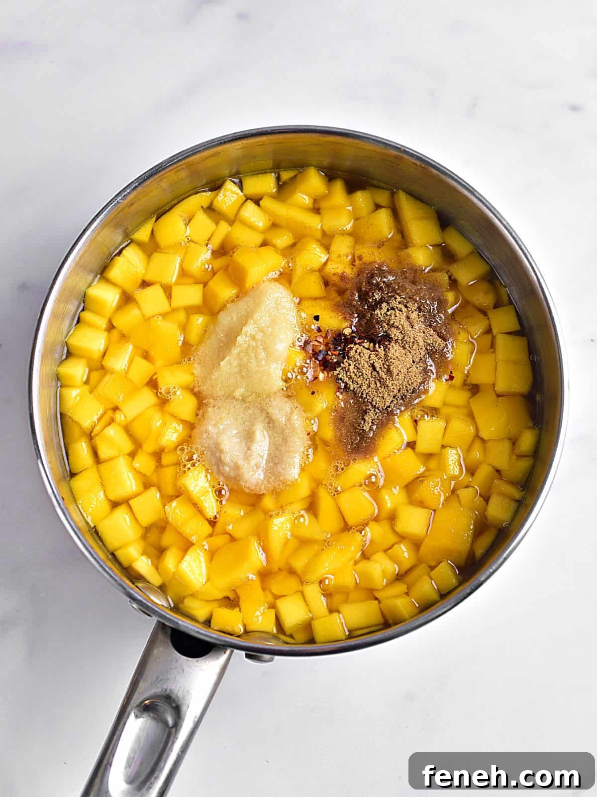 Metal saucepan with ingredients for mango chutney. Light gray surface.