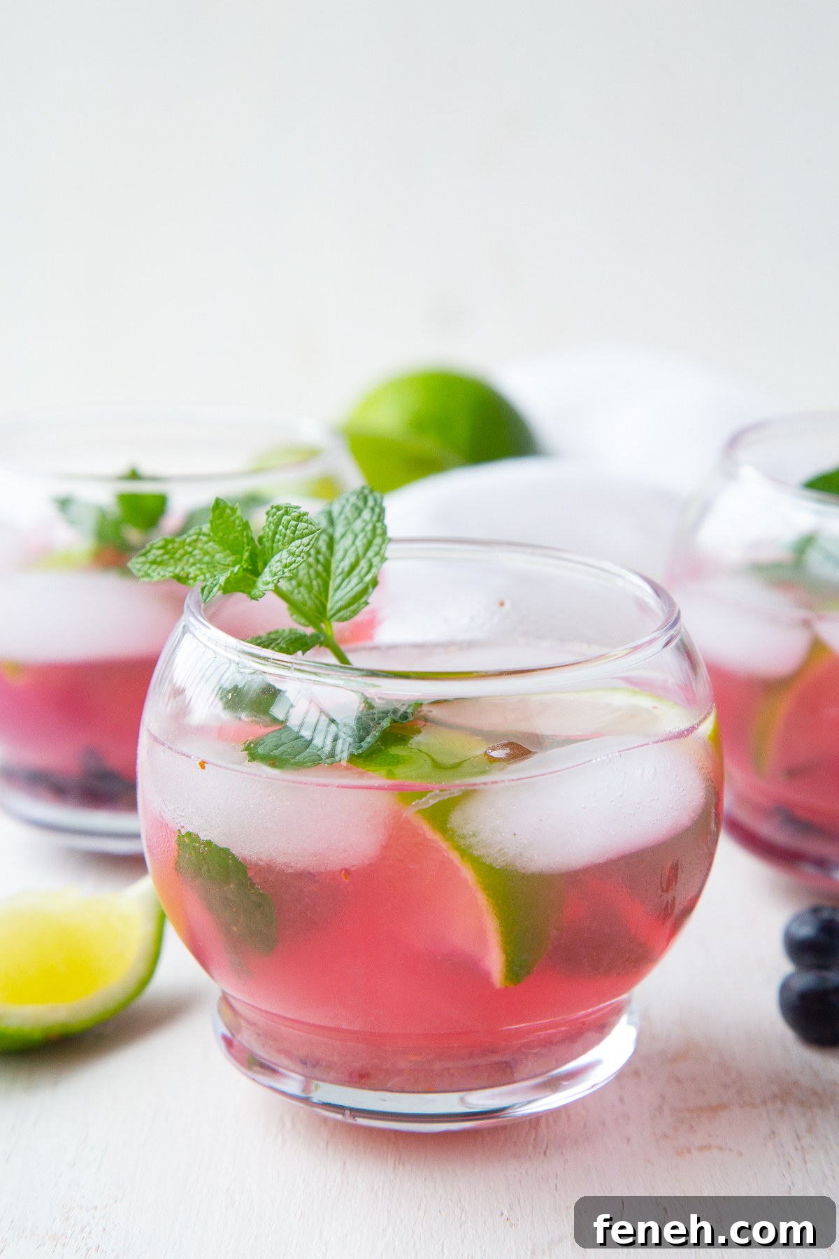 glass of blueberry mojito with fresh mint garnish