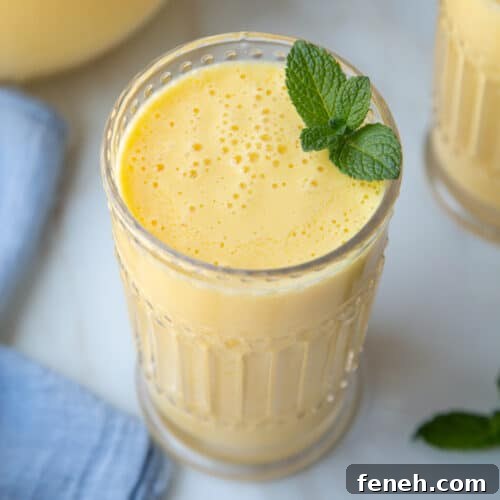 homemade orange julius in a decorative glass, garnished with fresh mint.