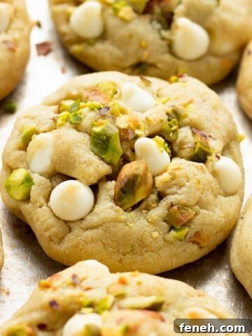 Baked pistachio pudding cookies on metal baking sheet.