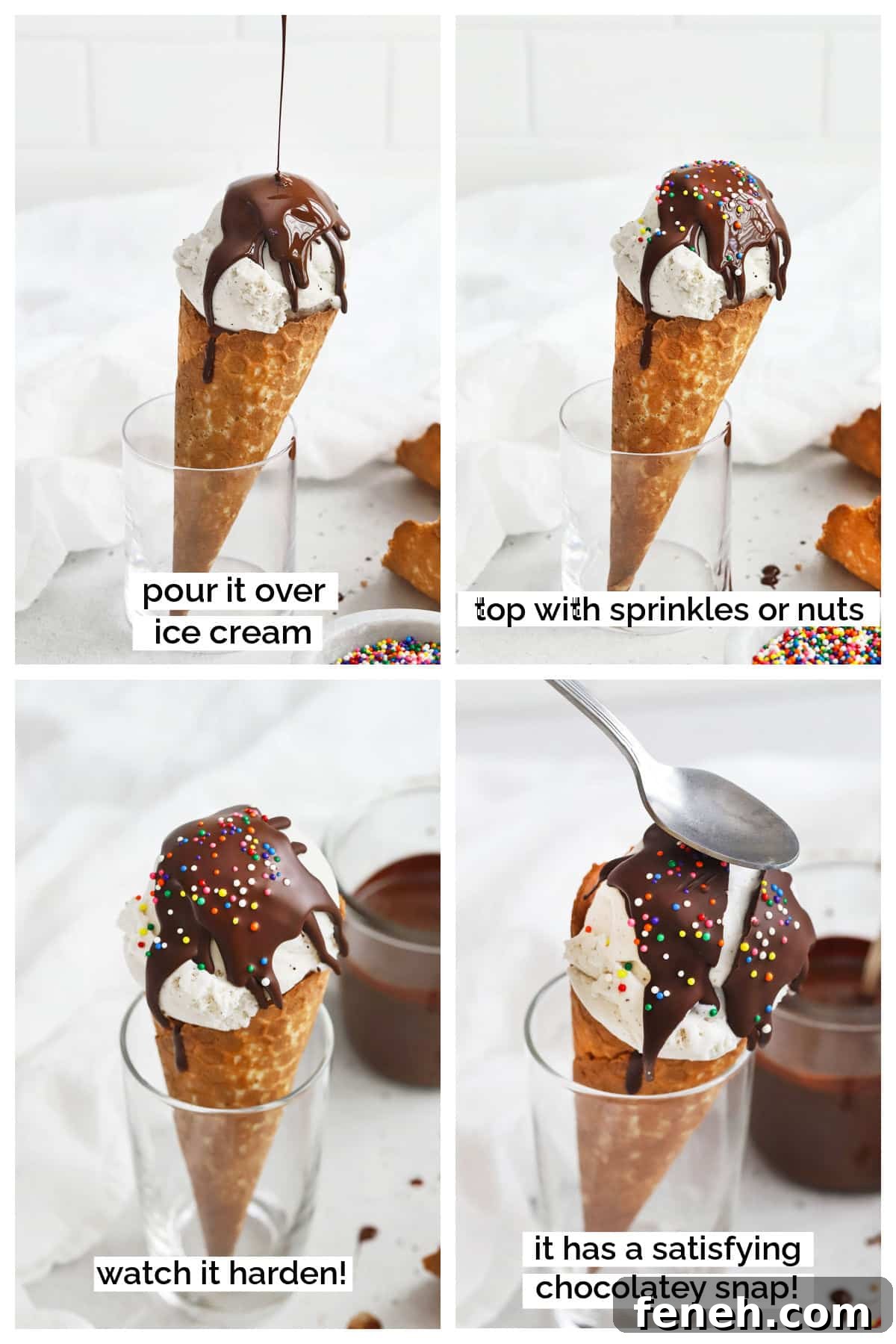 pouring homemade magic chocolate shell on an ice cream cone